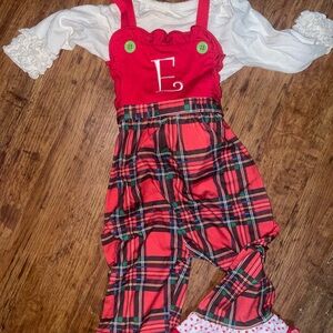 Monogramed E red plaid overalls